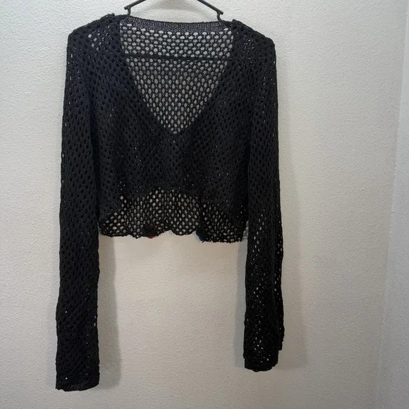 Cropped Sweater Womens M-L Floral Print Bell Sleeves Pullover Boho Beach Hippie - Picture 3 of 3